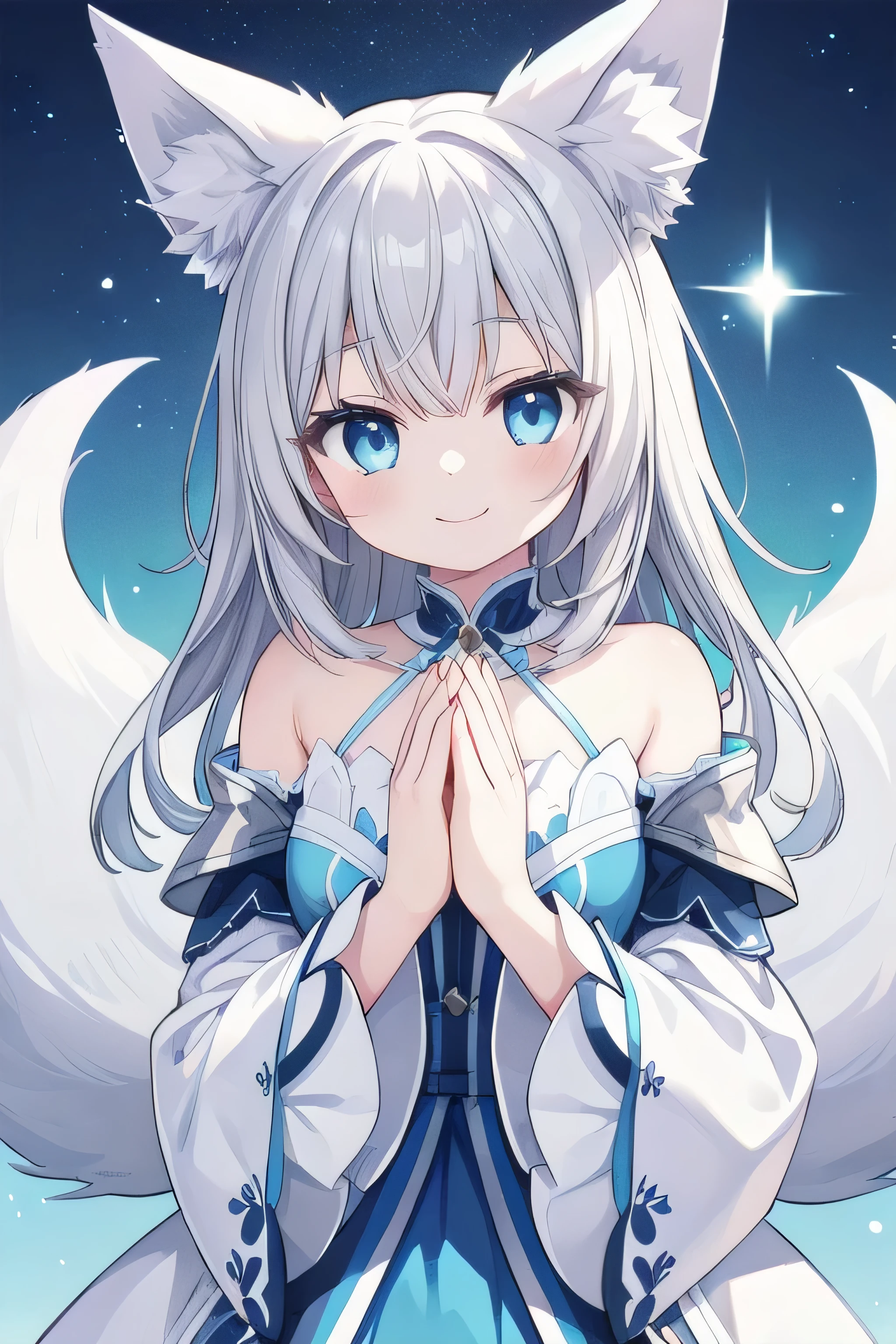 White fox ears、White fox tail、Join hands、Gray Hair、Blue Eyes、White Celestial Clothing、Fantasy、smile、((Girl))
masterpiece, top quality, super detailed, CG illustration, high resolution, better lighting, best shadows, very delicate and beautiful, proper shading, hd, 8k,