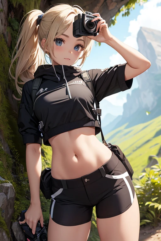 Girl, explorer, crop top Hiking outfit, showing navel, camera , taking a picture of some insect