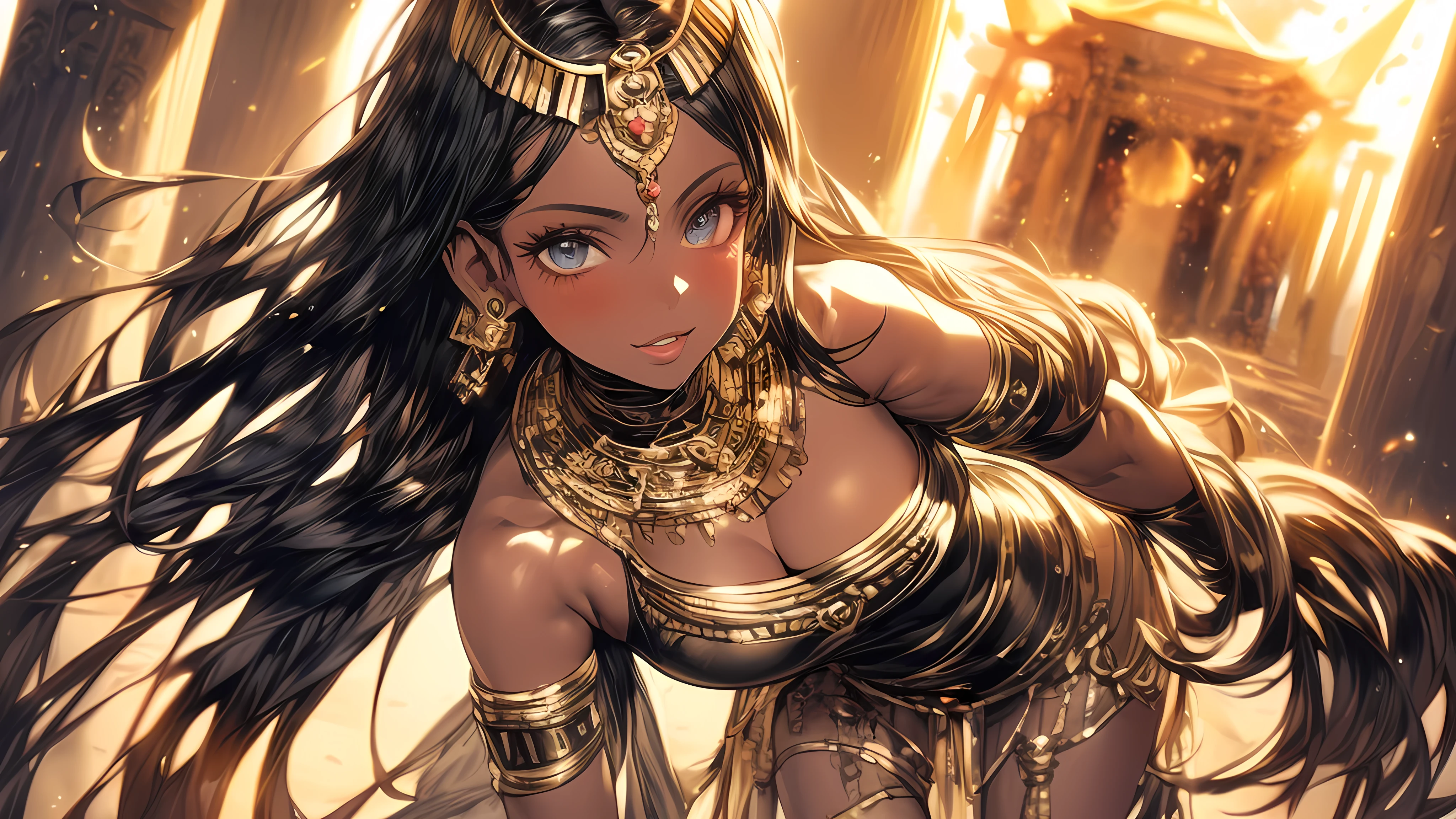 "(best quality,highres,ultra-detailed,realistic:1.2),egyptian goddess full body,beautiful detailed eyes,beautiful detailed lips,glamorous look,flowing black hair,bronze skin,long flowing dress,golden jewelry,temple in the background,ancient egyptian hieroglyphs,powerful stance,mythological aura,golden sunlight,ethereal atmosphere"