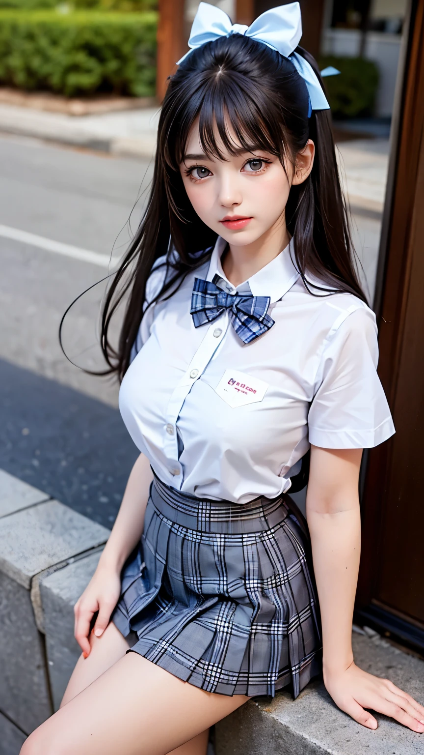 (masterpiece:1.2, highest quality), (Realistic, photoRealistic:1.4), 屋外で1人の女子高生がAre standing、whole body、
View your viewers, whole body, Front view:0.6,
1 girl, Japanese, high School girl, (Long Hair:1.5), Hair fluttering, (Half Up, Half Updo), bangs, Hair between the eyes, Big Breasts:0.8,
Beautiful Hair, Beautiful Face, Beautiful Eyes, Beautiful clavicle, Beautiful body, Beautiful breasts, Beautiful thighs, Beautiful feet, Beautiful fingers,
(Beautiful views), , School,
((Collared short-sleeved shirt, White shirt, , Grey plaid pleated skirt, Blue checked bow tie)), White panties,
(Are standing, , Please lift your skirt, Grab the hem of your skirt, Place your hand on your chest, Place your hands between your legs),
blush,