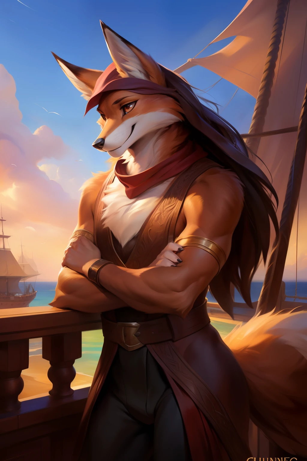 4k, high resolution, best quality, masterpiece, perfect colors, perfect shadows, beautiful and detailed portrait, perfect lighting, posted on e621, (by Chunie, by Einshelm), furry, anthro, furry art, ((portrait)), male fox, red fox, (two-toned fur), furry body black legs from foot to knee,fluffy, fluffy tail, body fur, animal nose,chin fluff, muzzle, Mane,Big fluffy chest tuft, big fluffy neck tuft,fluffy neck, fluffy chest, Lots of fluff, Beautiful brown eyes, fit body, detailed fur, detailed face, ((Bonifasko lighting)), fox tail, (detailed eyes), perfect pupils, Tall, Long brown hair, messy long hair, Fluffy neck, Huge Fox tail, wearing clothes, Arms white, Red bandana on his neck, small beard, (Pirat clothes), On pirat ship, Pirat ship background, 