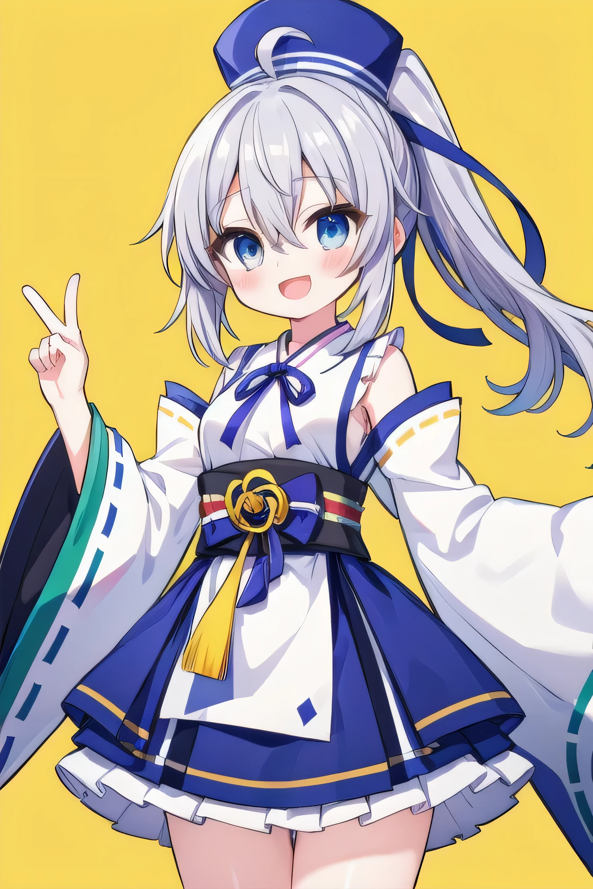 mononobe no futo, 1girl, solo, long hair, looking at viewer, blush, smile, open mouth, bangs, skirt, simple background, long sleeves, hat, ribbon, hair between eyes, ponytail, :d, grey hair, cowboy shot, frills, japanese clothes, wide sleeves, blue skirt, grey eyes, neck ribbon, frilled skirt, blue ribbon, ribbon trim, white ribbon, yellow background, index finger raised, pom pom (clothes), blue headwear, ribbon-trimmed sleeves, tate eboshi, kariginu, masterpiece, top quality, super detailed, CG illustration, high resolution, better lighting, best shadows, very delicate and beautiful, proper shading, hd, 8k,