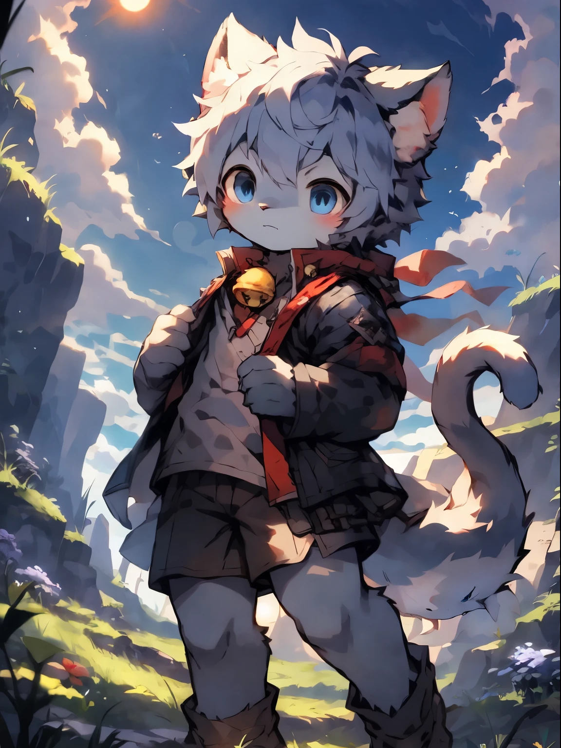 youth，Beast，Gray and blue fur all over the body ，Blue Eyes，Cat ears，Big furry tail， stand up， Masterpiece， high resolution，Detailed background，high quality，White shirt，Blue coat，Look elsewhere，grassland，sun，cloud，sky空，sky，Grey shorts，Red pattern，Bell