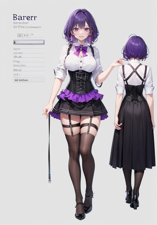 Purple hair,Shortcuts,Adult female,(Bartender),((Body harness)),((Rolling up your sleeves shirt)),(Corset),(Tight skirt),((Garter belt)),(Heal),((Simple background)),Smile,((Full body)),((whole body)),Character Sheet,