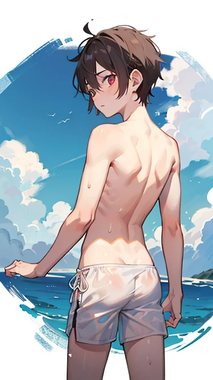 ((Best quality)), ((masterpiece)), cute skinny boy, Shy, 12 years, shirtless, in short white transparent swimming trunks, back to camera, Without clothing