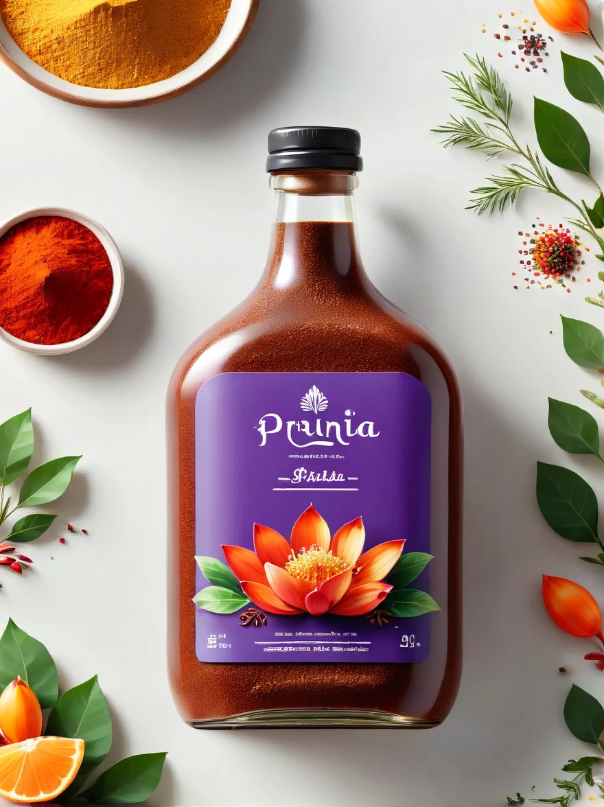 Design a minimalist food label for a non-specific brand, taking inspiration from the vibrant colors of India. The label should feature clean lines and simple typography, expressing a commitment to simplicity and efficiency. Use a soft shade of purple for the background, to symbolize elegance and creativity. Incorporate a delicate pink lotus flower into the design, as it's a symbol of purity and spirituality in Indian culture. Place a stylized logo prominently at the top, utilizing a sleek modern font. Also, incorporate a small illustration of traditional Indian spices to indicate the country of origin. The overall aesthetic should be fresh and contemporary, ideally capturing the spirit of India while still retaining a modern feel. This design should evoke a sense of authenticity and quality, allowing it to stand out on the shelves.