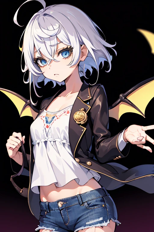 Masterpiece、High quality、1 girl in、unique、middle breast、short hair、(Hair between the eyes)、(00BFFE Pixie cut)、Bat wings、Disappointed face、(Embroidered blouses、Long ripped jeans、Leather blazer)、White hair