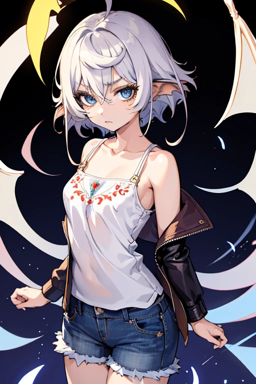 Masterpiece、High quality、1 girl in、unique、middle breast、short hair、(Hair between the eyes)、(00BFFE Pixie cut)、Bat wings、Disappointed face、(Embroidered blouses、Long ripped jeans、Leather blazer)、White hair