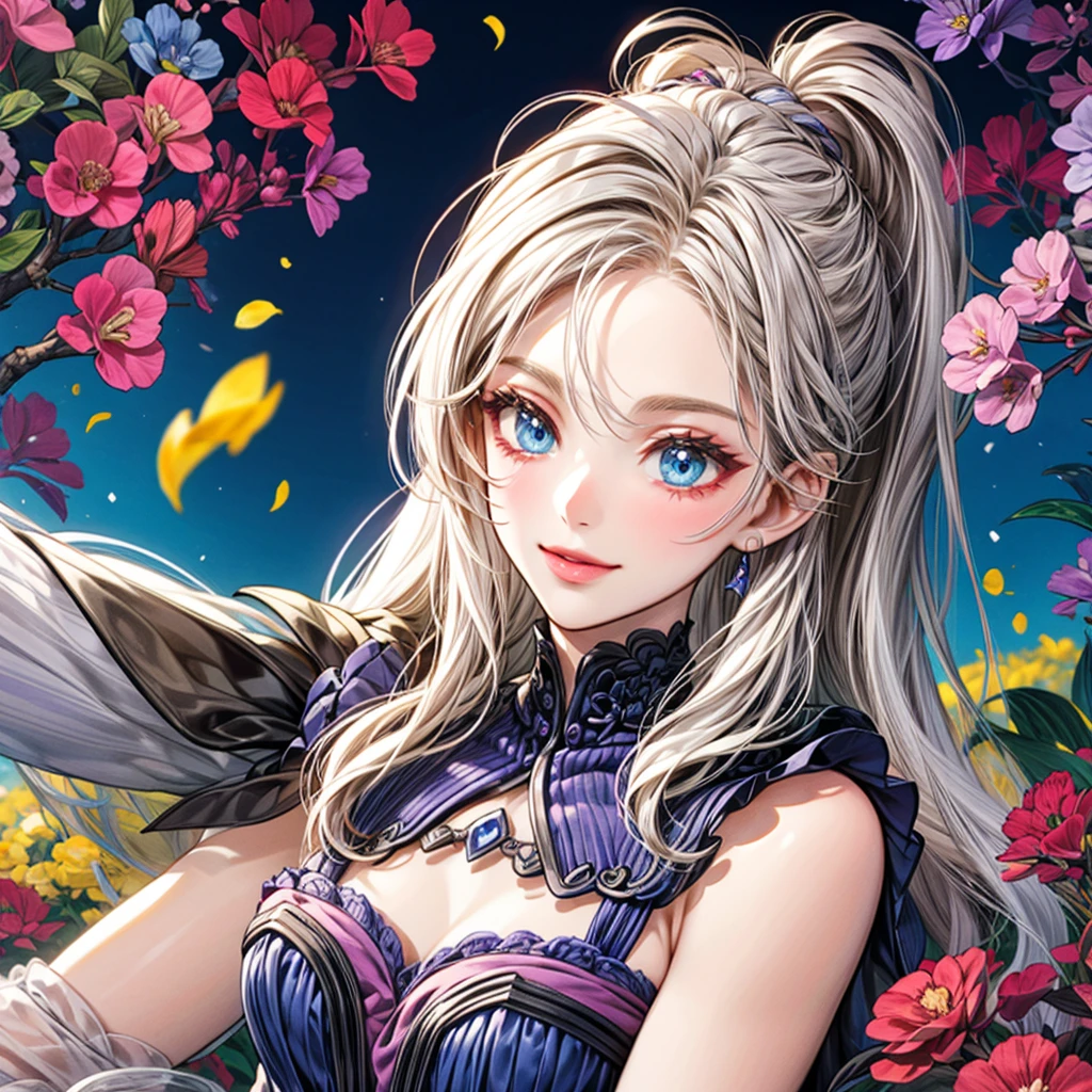 1 woman of 30 years old, {{{long platinum blond hair}}} ponytail, {{{pale blue eyes}}}, lavender sundress with silver accessories, cleavage, small smile, bontanic garden with colourful flowers and decor, {best quality.}, {highreaasterpiece.}, {{{medium close up.}}}, {facing viewer}
