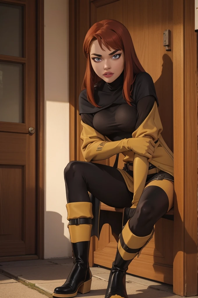 1Girl 18 years old, nur, Lange Haare, midsize , Blick auf den Betrachter, red hair, nackte Schultern, braune Augen, Schmuck, full entire body, Halskette, schulterfrei, pullover, lips, realistisch, Nase, Flirting with the camera, yellow boots, boots, doing wear boots