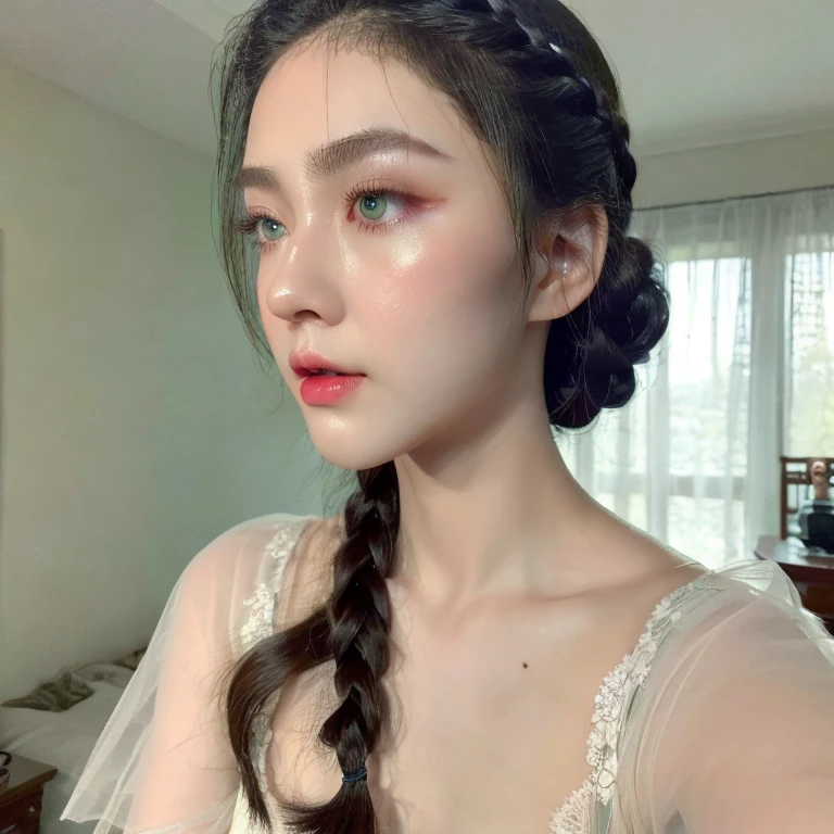 chinese girl, pretty, big sea foam green eyes, long lashes, pale skin, rosy cheeks, small glossy red lips, iridescent butterfly accessories, fairy-like, v-shaped face, blank look, elegant sheer white outfit, xiaohongshu selfie, short curly black braided hair