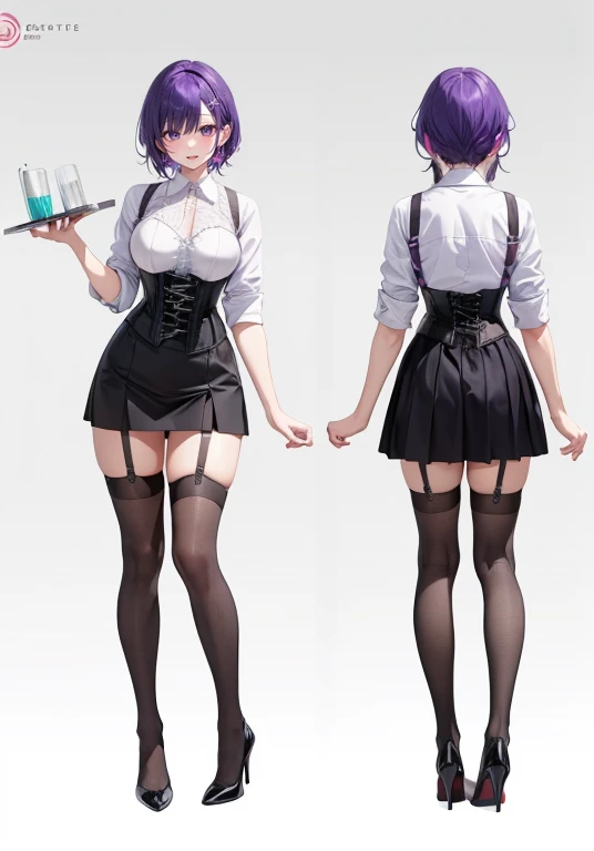 Purple hair,Shortcuts,Adult female,(Bartender),((Body harness)),((Rolling up your sleeves shirt)),(Corset),(Tight skirt),((Garter belt)),(high heels),((Simple background)),Smile,((Full body)),((whole body)),Character Sheet,