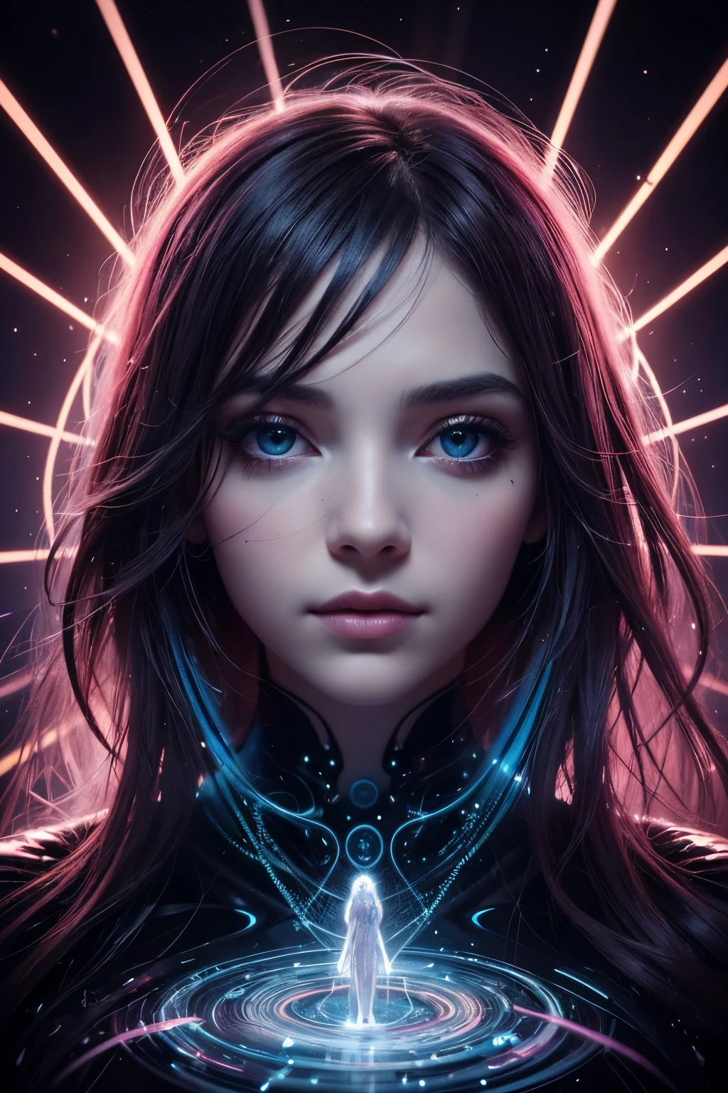 ai inner data mind process workings relation to love 8k, glass, A glass-like alien floral monument bioluminescence , humanoid structure entangled in a star light back ground, is displayed in out realms, stary background, its intricate details and vibrant colors radiating from the pedestal’s futuristic light, reds orange and blues, gravity waves, fractals, quantum entanglement, string theory, ultra bright lights, massive distortion, strobing colored lights, Diving Into The Ether Flowing with The Eternal Soul Through Vibration of love, everything is connected, Flowing energy, Spiritual, divine, dreamlike, cosmic, concept art, mind blowing, feminine beauty, god, pineal gland, dreamlikeart, (best quality,8K,highres,masterpiece), ultra-detailed, (surreal portrait of flawless Android beauty), a flawless Android beauty portrayed in a surreal portrait style using hand-tinted acrylics. The portrait showcases a hyper-detailed face with flawless black shiny eyes, exuding an otherworldly allure. The Android's long, messy "hair" consists of intricate circuitry patterns, adding to the surreal and futuristic aesthetic. Rendered in the style of Gabriel Pacheco, the portrait is a stunning masterpiece with perfect composition and beautiful hyper-detailing. Every aspect of the Android's appearance is depicted with hyper-realism, capturing the intricacies of her features with sharp focus and high-quality execution. Feel free to add your own creative touches to enhance the surreal beauty and artistic impact of this captivating portrait.,breasts,real_booster,real-gurl