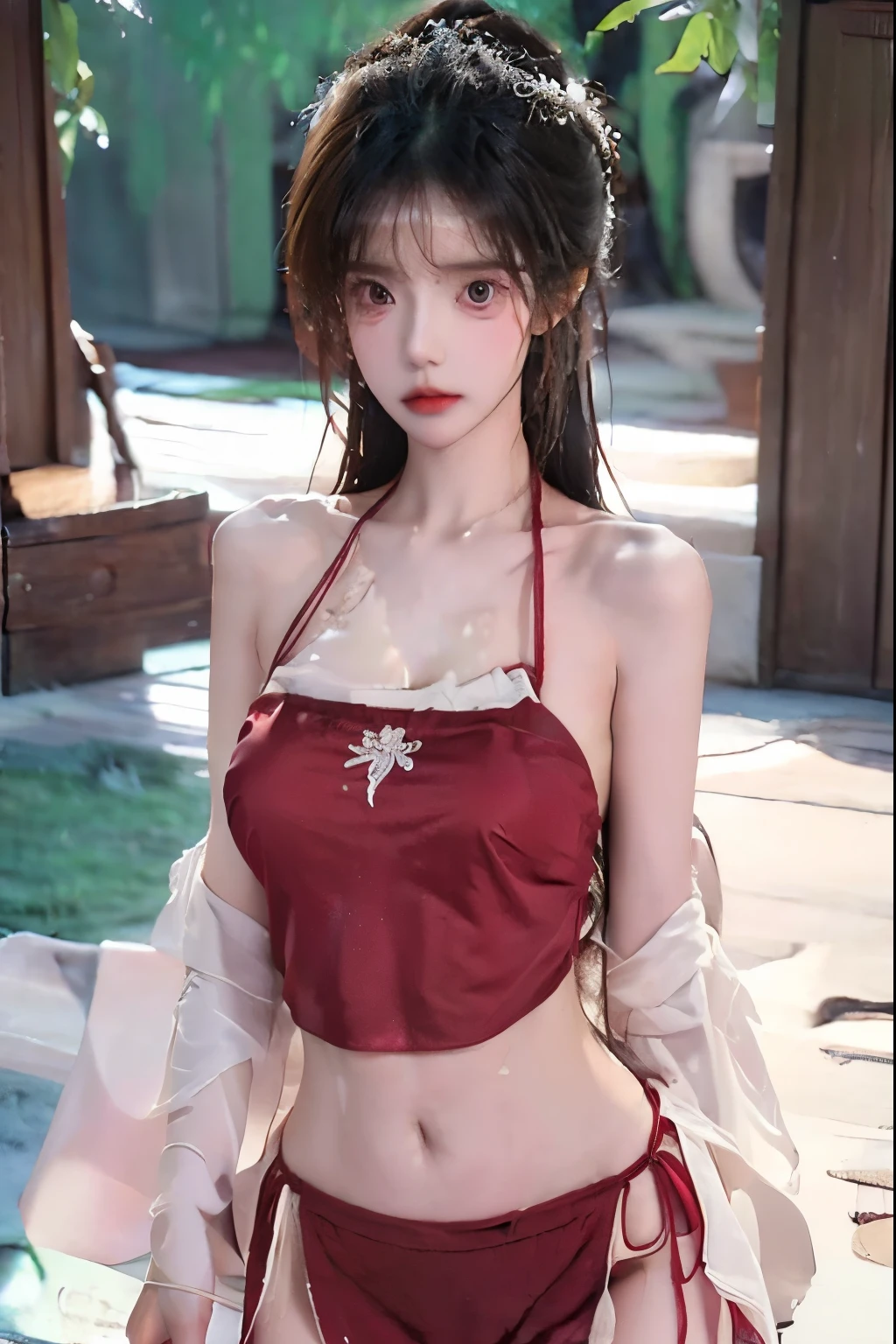 Beautiful woman with perfect body:1.4,Layered Hairstyle,Prominent cleavage:1.5,Highly detailed face and skin textures,Double eyelids,Skin Whitening,Long hair,Whitened long legs,(wet hair:1.2),White bellyband