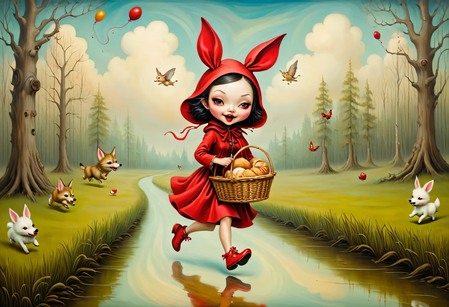 Psychedelic painting in the style of Esau Andrews, funny and strange chase, Wolf, Little Red Riding Hood, Basket of buns, Running away, catching up, laughing, idiots, fabulous swamp, style (Esau Andrews: 1.555), (Mark Ryden: 1.5155), (Xue Wang: 1.1155), surreal oil painting, Author: ESAO, Southern Gothic, art style, Yana Brick Art, painting in the style of magical realism, pastel tones, clear lines, fine details, described in detail, swirling patterns, abstract shapes, surreal, bizarre, high definition, high detail, elegant