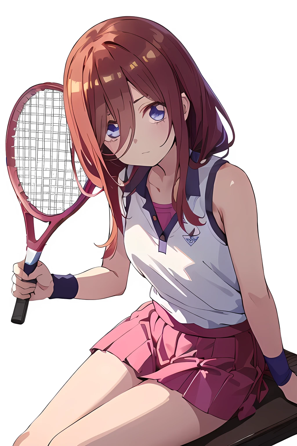 1girl, solo, miku nakano, long hair, bangs, blue eyes, brown hair, hair between eyes, anime girl sitting on a bench, ((super cute)), long hair, (holding a Beautiful tennis racket with one hand), (sleeveless sportswear), (wrist band), skirt, dynamic angle, looking at viewers, (white background:1.4)