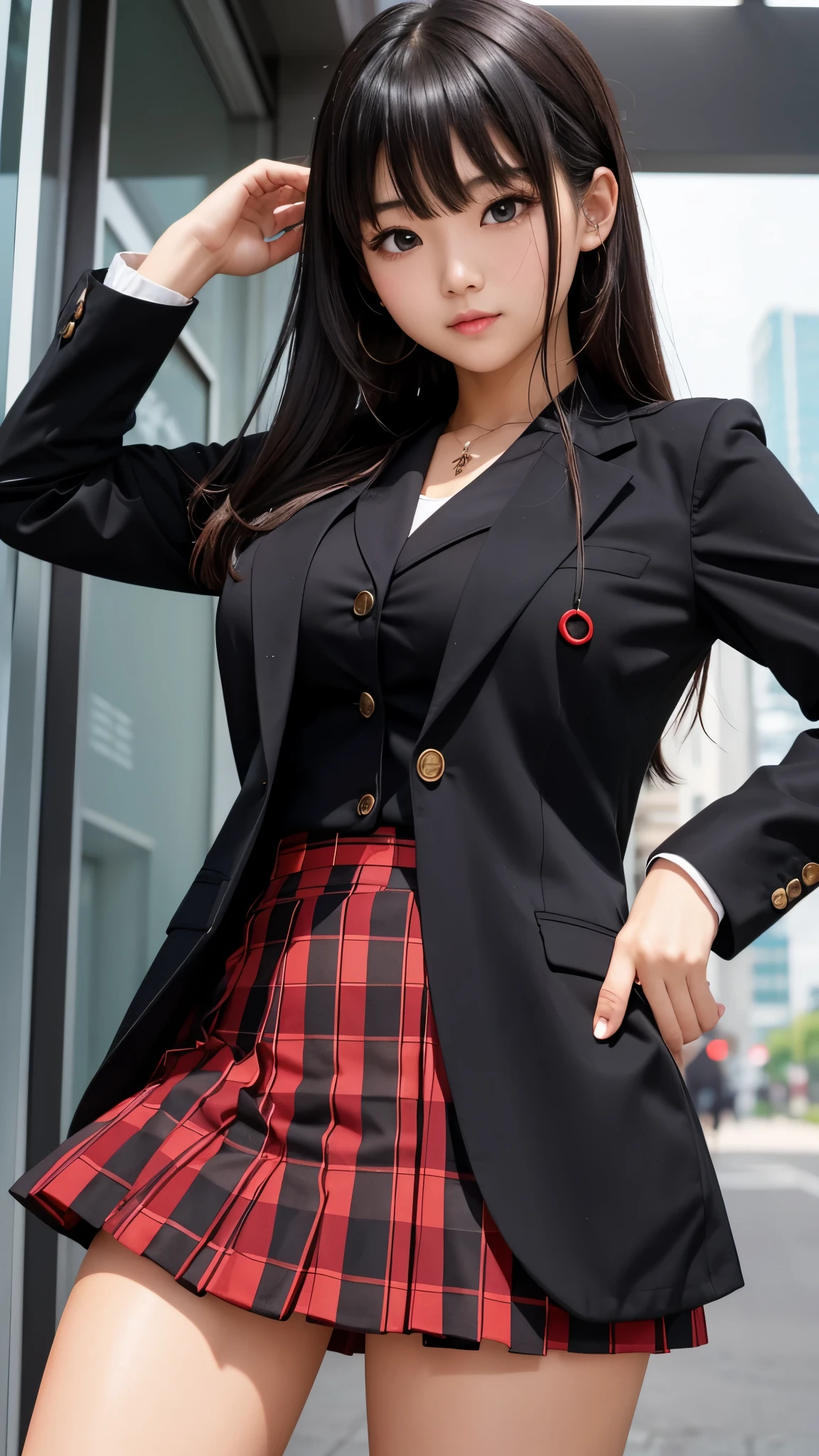 Detailed face、highlight、Asian、girl、thigh、breast enhancement、black髪、Heavy bangs、(blazer、red、black、)(Checked skirt、)