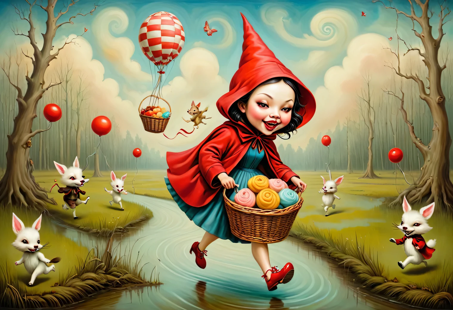 Psychedelic painting in the style of Esau Andrews, funny and strange chase, Wolf, Little Red Riding Hood, Basket of buns, Running away, catching up, laughing, idiots, fabulous swamp, style (Esau Andrews: 1.555), (Mark Ryden: 1.5155), (Xue Wang: 1.1155), surreal oil painting, Author: ESAO, Southern Gothic, art style, Yana Brick Art, painting in the style of magical realism, pastel tones, clear lines, fine details, described in detail, swirling patterns, abstract shapes, surreal, bizarre, high definition, high detail, elegant