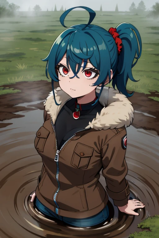 blue hair, side ponytail, scrunchie, red eyes, medium breasts, brown jacket, fur trim, green top, black collar,sunk to the breast, thick dull mud, arms immersed in mud, sinking in the mud, muddy ground, thick, opaque mud, marshy terrain, thick fog