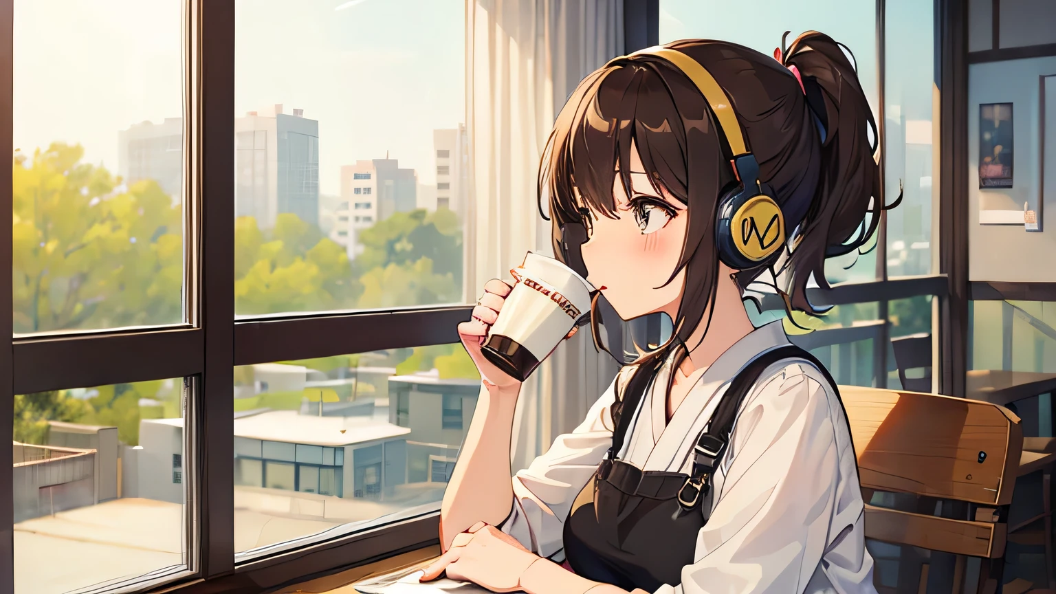 (((big)))), Girl with headphones Sunny outside the window Japanese anime style Short Ponytail Brown Hair Blushing coffee shop Counter chair Sitting and drinking coffee