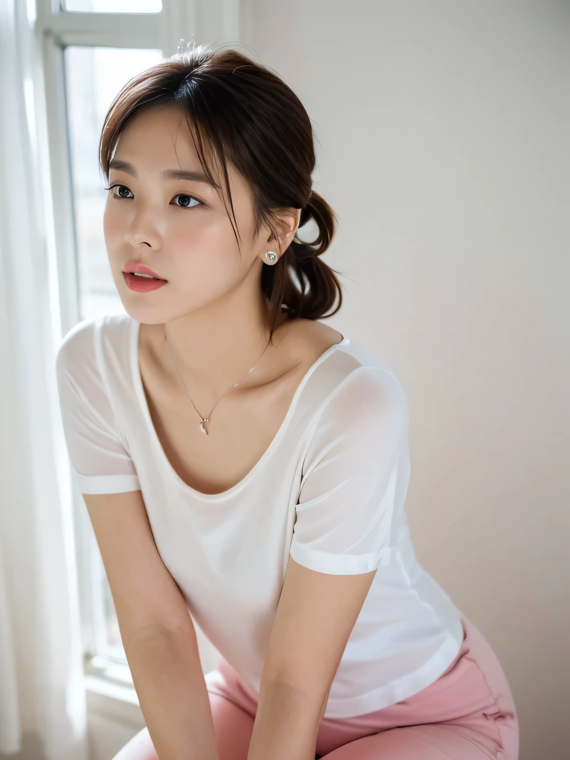 Age 25, 1 person, ((Beautiful female announcer, Cute mouth:1.2)),
((Gorgeous Earrings, Long Necklace:1.2)), 

((A fitted white satin T-shirt, Hot pants in pink color, The length is short and the thighs are visible:1.5)),
((Leaning against the wall of the room, Standing with chest held high, Confident expression, Open your legs a little:1.2)),
(From the feet to the whole body, Pay attention to the beautiful thighs:1.5), 

((Sexy atmosphere, Kissing Mouth, hold out your lips, Cute and shy, Gazing intently at the audience)),
((Boyfriend's bedroom, Good mood with my boyfriend)),
((White wall, Near a tall window, The sunlight shines in, Bright room)), 

Realistic skin texture, Fair skin, Shiny skin, Beautiful skin on legs, Beautiful feet, 
Highly detailed face, Slim face contour, Beautiful small face, Beautiful Nose, 
Ultra-detailed eyes, Slit eyes, Brown eyes, double eyelid, Ultra-thin eyebrows, Thin, long eyelashes, 
Ultra-detailed lips, Plump and moisturized lips, Glossy pink lips, Flushed Cheeks, 
Beautiful actress&#39;s languid make-up, Pink lipstick, Smoky eyeshadow, Eye foundation, 
Dark Brown Hair, Delicate soft hair, Hair blowing in the wind, 
(Elegantly putting your hair up, Medium Short Hair, ponytail:1.2), 
Layered Cut, (Blunt bangs:1.2), 
((Mouth slightly open to reveal white teeth, Stick out your tongue a little)), Body facing forward, 

((Squinting)), 
((pursing lips:1.2)),
((Blushing:1.2)),
((No bra)), 
