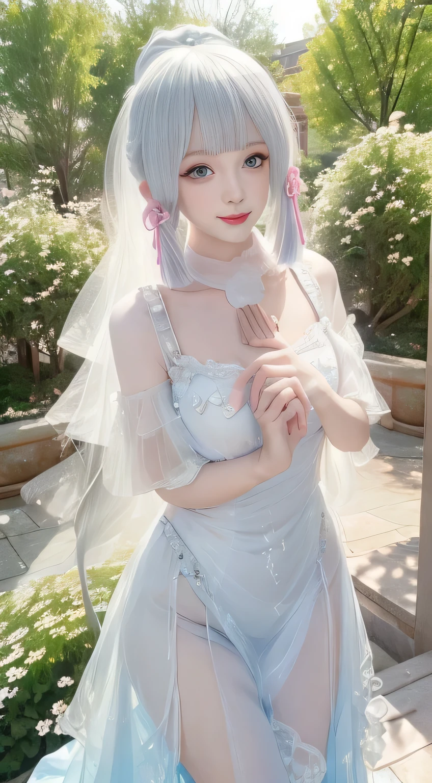 Realistically, high resolution, Soft Lighting, (Only 1 piece:1.5),(1 female 1:1.5), Super huge breasts,Radiant skin, Delicate skin, Solitary, Lift your hips slightly, Just looking at the audience, Laugh happily,(Delicate face), white hair, High Ponytail,Pink hair accessories,Long white hair,blue eyes, Special Transparent Tulle Bandeau Dress,The clothes are completely transparent,The background is the garden(Full of colorful roses)