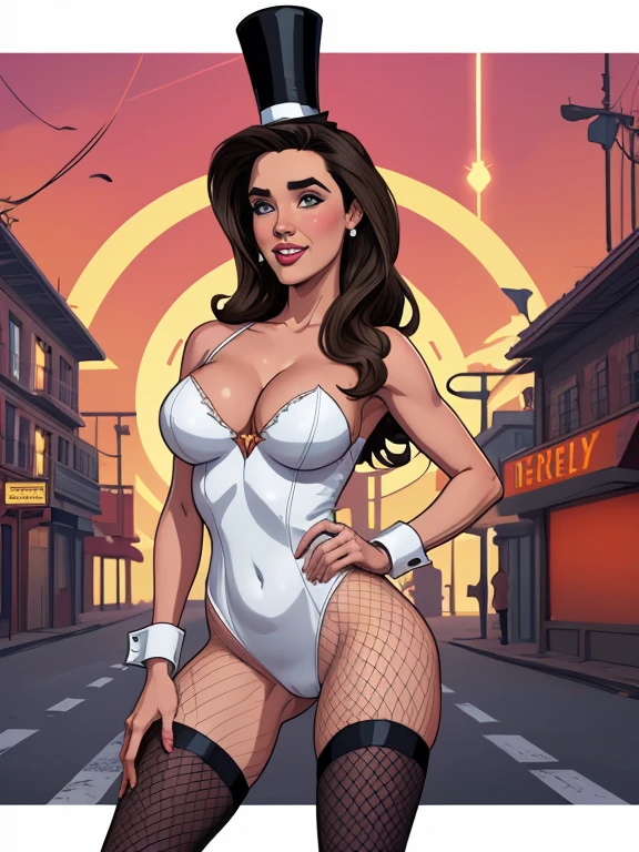 Cartoon style Jennifer Connelly style GTA style digital illustration Shabby woman in top hat and fishnets posing for a photo, beautiful magical stella maeve, cosplay glamoroso, elegant cosplay glamoroso, beautiful magical stella maeve, Feminine magic, garota de terno, May, anya from the spy family x, Garota de terno, wearing a black May, , advertising cosplay, traje apertado, playboy bunny Cartoon style digital illustration GTA style Jennifer Connelly sensualizing with naughty smile 