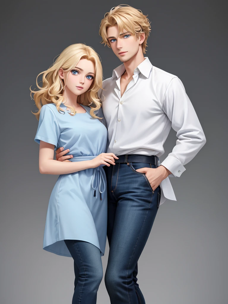 The picture shows a couple (only one man and only one woman). Handsome, tall, courageous, athletic young man, golden-haired blond, with curly golden hair, bright blue eyes, he is a doctor, he is dressed in medical clothes. He hugs an incredibly beautiful slender young femme fatale blonde with very short wheat hair, gray-blue eyes, she is wearing a chiffon blouse tucked into jeans. detailed drawing of the face, a beautiful face, beautiful facial features. black jeans with a low fit. a full-length shot. hands in the pockets of his trousers. Masterpiece, detailed study of the face, beautiful face, beautiful facial features, perfect image, realistic photos, detailed study of faces, full-length image, 8k, detailed image. an extremely detailed illustration, a real masterpiece of the highest quality, with careful drawing. full-length image.