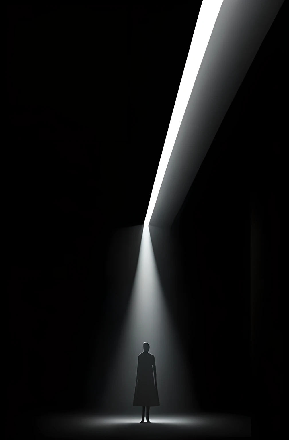 (best quality, 4k, highres, masterpiece:1.2), ultra-detailed, realistic:1.37, dark room, dramatic lighting, concept art, "lonely dark figure"!! volumetric light, surreal, standing in a beam of light, beautiful lighting composition, minimalist film lighting, surreal lighting, silhouette in the dark, light streaming from the entrance, extremely dramatic lighting, mysterious lighting, dramatic lighting render