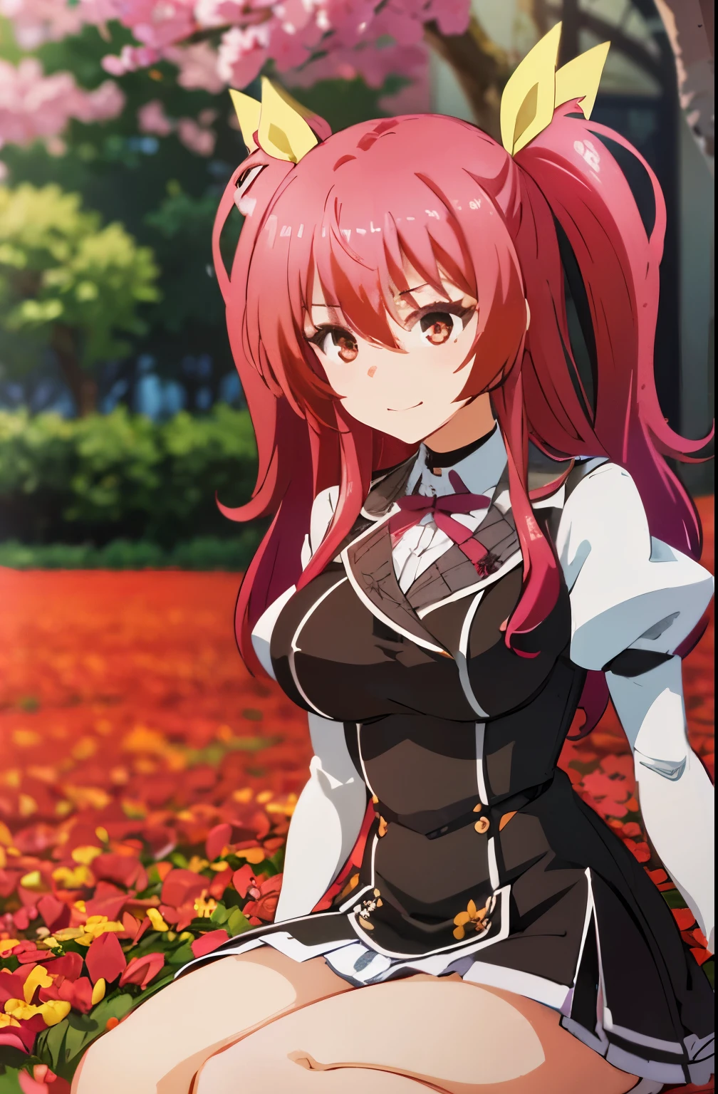 Highly detailed, High quality, Masterpiece, Beautiful, (Medium long shot), 1 woman, alone, Stella Vermillion, happy, ruby ​​eyes, crimson hair, 2 pigtails, wearing a , in a park, sitting posing for a wallpaper, falling petals, detailed background,