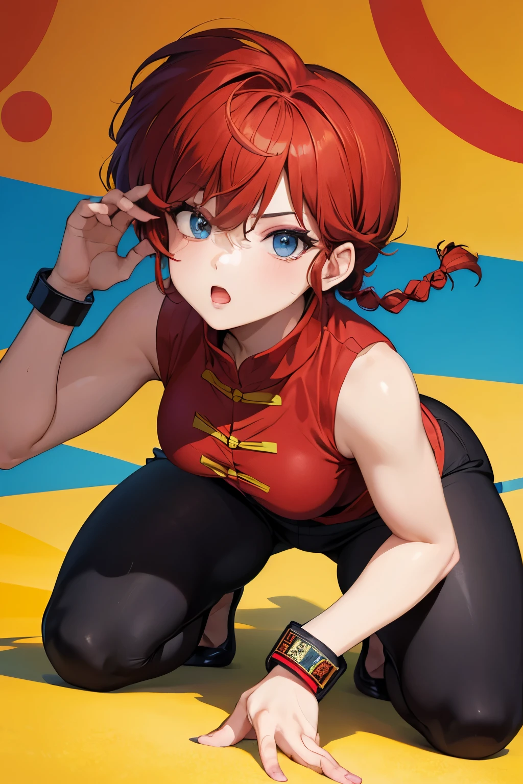 ((masterpiece)), high quality, very_high_resolution, large_filesize, full color, heavy outline, clear outline, colorful, (beautiful detailed eyes), (beautiful face:1.3), boyish face, 1 girl, (femaleranma), (red hair), short hair, (braided ponytail), ((bangs)), bumpy bangs, blue-gray eyes, big breasts, curvy, black-wristbands, all fours, femaleranma, braided ponytail, chinese clothes, sleeveless, tangzhuang, black pants