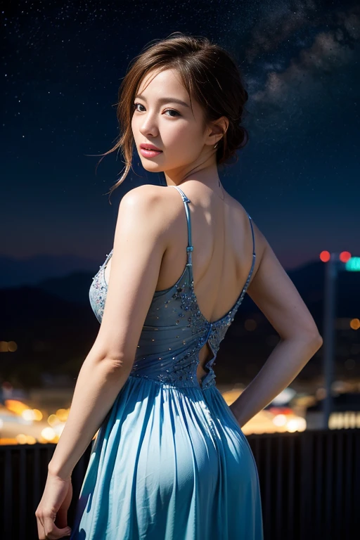 ((masterpiece, highest quality, Best image quality, High resolution, Realistic, RAW Photos, 8k)), ((Highly detailed CG synthesis 8k wallpaper)), Dancing in the starry sky, View from behind, (blue glowing), Shining blue in the dark night, Fluttering summer dress,