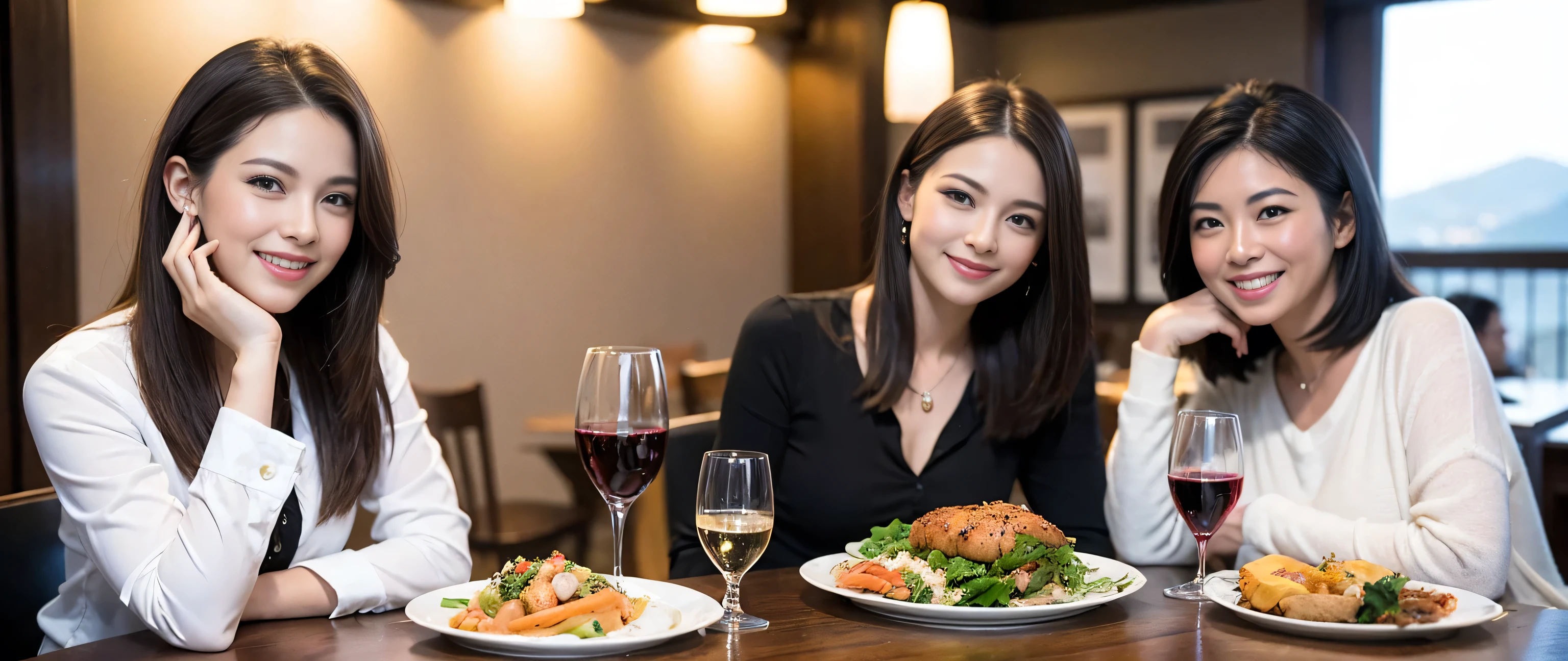((highest quality、8k、masterpiece:1.3))、Beautiful woman perfect body:1.4、Beautiful mature woman、Three women who love wine、Three Men、Slim body、((Bob Hale、Straight hair:1.2))、 Ultra-high resolution, Bright image、2. The beauty of wine, Beautiful Face, blue eyes, Beautiful Eyes, The light shines on your face, Blushing your nose, short hair,Amazing view of the sunset sky and clouds、Amazing mountain views、A bright smile、A lovely woman with a smile、Bright Face、Fox face、Lady、Champagne、Wine bottle、wine glass、red wine 、Appetizers、Italian food、Two beauties、Brown Hair、Shortcuts、Long sleeve shirt、Winter Fashion、dress、Wine bottle、sparkling wine、Pretty Woman 1, (Slim face), (Brown Hair), (Shortcuts), cheeks turn a little red, (36 years old), 39 years old, Attractive beauty、restaurant, Nova Frog Style, actress, model, Upper Body, White wine, slim, wine glass, A wine glass placed in the middle, smile, (smile: 1.15), Beautiful Eyes, Strong light and shadow,Moist Body:1.5、Delicate eyes、Brown Hair、The hair is very shiny、