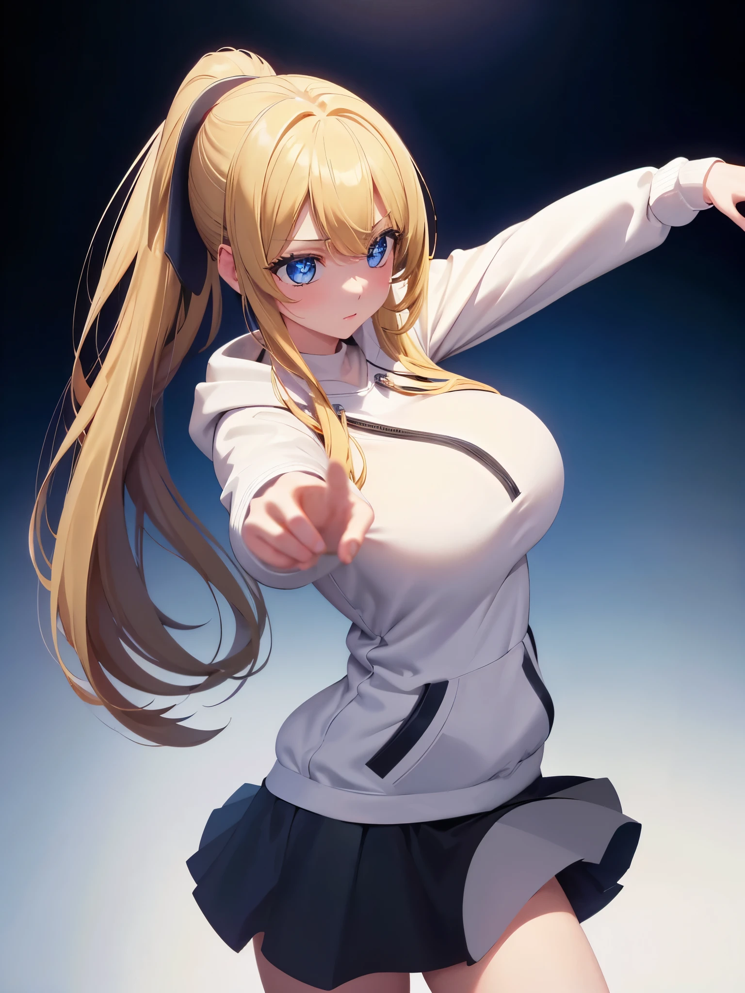 1woman,super beautiful,Ballet dancing,,half body photo,Beautiful eyes, very detailed face,cute,HD face, perfect face, white hoodie,long hoodie,black mini skirt,Very big breasts,Blonde hair,long hair,ponytail,bangs,blue eyes,ultra detail,ultra Hd, masterpiece,4k