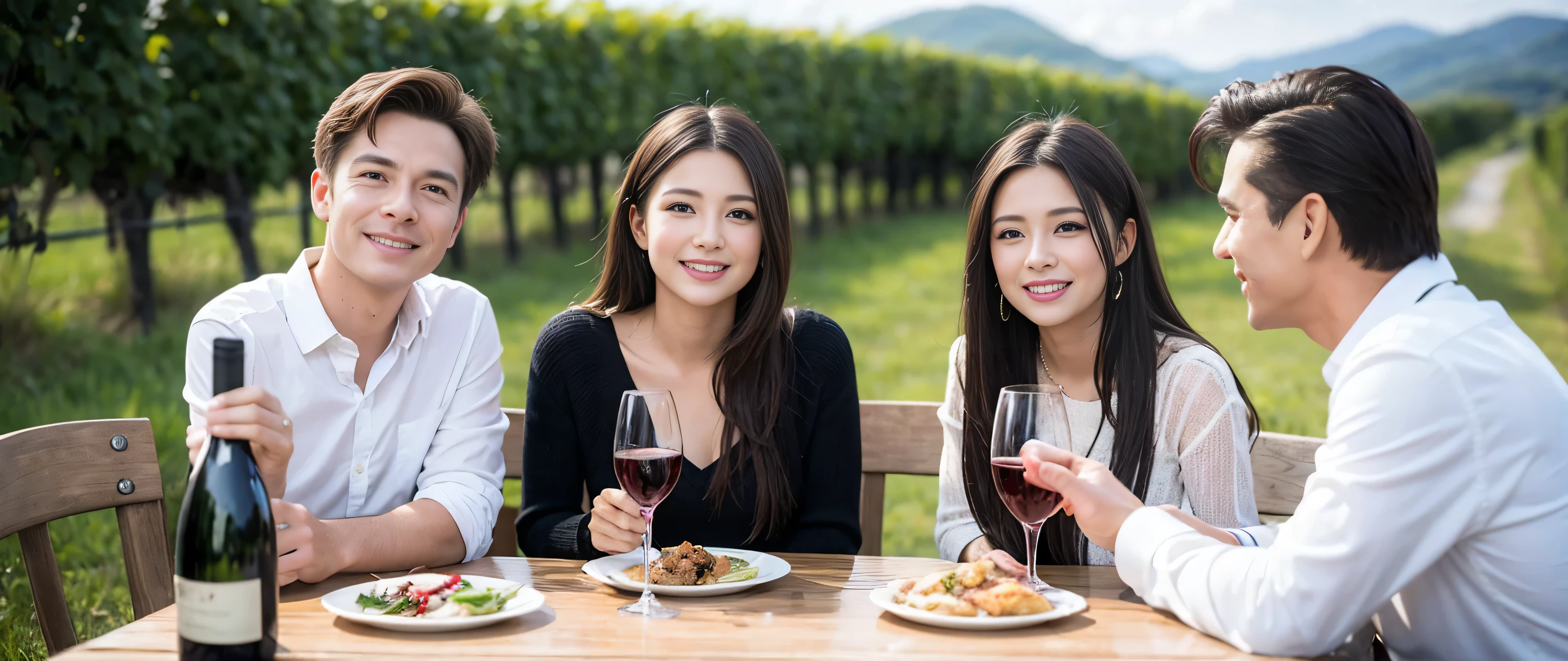 ((highest quality、8k、masterpiece:1.3))、Beautiful woman perfect body:1.4、Beautiful mature woman、Three women who love wine、Three Men、Slim body、((Bob Hale、Straight hair:1.2))、 Ultra-high resolution, Bright image、2. The beauty of wine, Beautiful Face, blue eyes, Beautiful Eyes, The light shines on your face, Blushing your nose, short hair,Amazing view of the sunset sky and clouds、Amazing mountain views、A bright smile、A lovely woman with a smile、Bright Face、Fox face、Lady、Champagne、Wine bottle、wine glass、red wine 、Appetizers、Italian food、Two beauties、Brown Hair、Shortcuts、Long sleeve shirt、Winter Fashion、dress、Wine bottle、sparkling wine、Pretty Woman 1, (Slim face), (Brown Hair), (Shortcuts), cheeks turn a little red, (36 years old), 39 years old, Attractive beauty、restaurant, Nova Frog Style, actress, model, Upper Body, White wine, slim, wine glass, A wine glass placed in the middle, smile, (smile: 1.15), Beautiful Eyes, Strong light and shadow,Moist Body:1.5、Delicate eyes、Brown Hair、The hair is very shiny、
