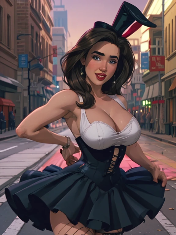 Cartoon style Jennifer Connelly style GTA style digital illustration Shabby woman in top hat and fishnets posing for a photo, beautiful magical stella maeve, cosplay glamoroso, elegant cosplay glamoroso, beautiful magical stella maeve, Feminine magic, garota de terno, May, anya from the spy family x, Garota de terno, wearing a black May, , advertising cosplay, traje apertado, playboy bunny Cartoon style digital illustration GTA style Jennifer Connelly sensualizing with naughty smile
