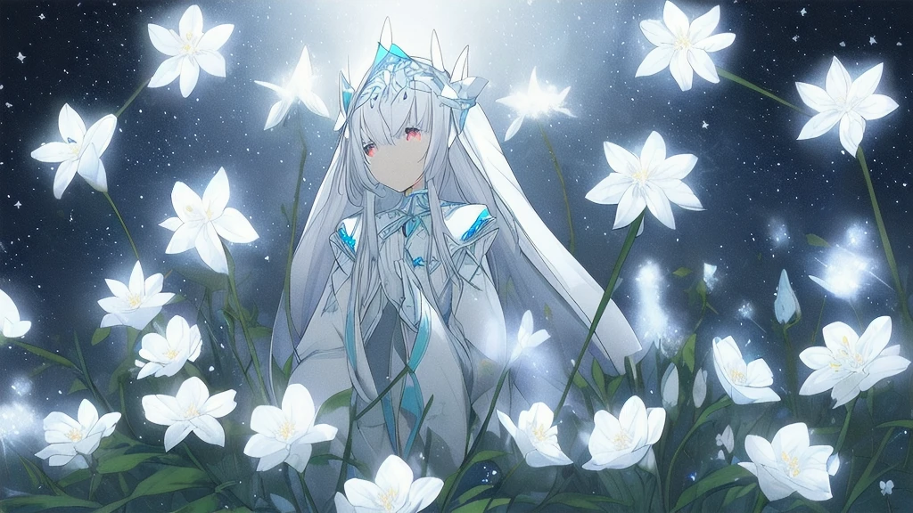 Moor full of white flowers with light blue stems, their petals shine like white LEDs, the sky is dark as night but with small stars that are illuminated in silver.