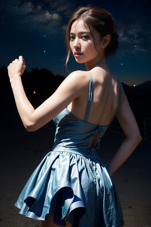 ((masterpiece, highest quality, Best image quality, High resolution, Realistic, RAW Photos, 8k)), ((Highly detailed CG synthesis 8k wallpaper)), Dancing in the starry sky, View from behind, (blue glowing), Shining blue in the dark night, A light, fluttering summer dress,