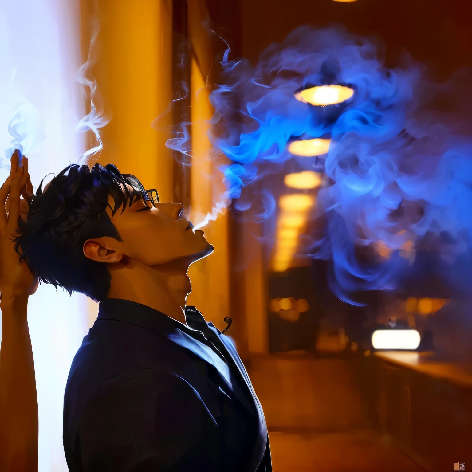 Arawid man smoking in a dark room, Lights and smoke, dramatic smoking pose, Inspired by Lee Jeon Suk, Smoking around him, thick Smoking around him, he is smoking, cai xukun, There is smoke, Inspired by Kang Se-hwang, Hentai, Inspired by Kim Myung-guk, Inspired by Zhang Han, cigarette smoke