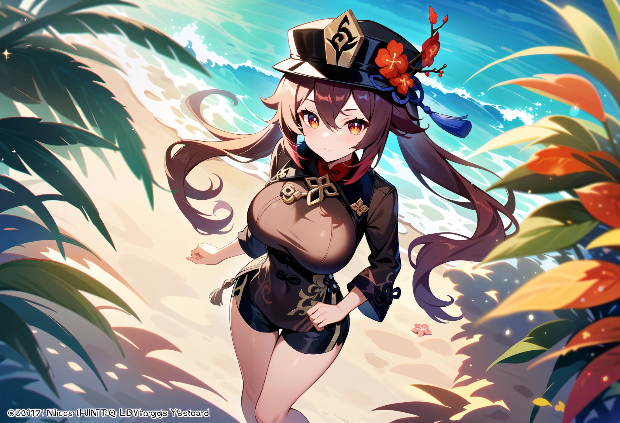 girl, beautiful body, perfect body, nice body, huge_Breast,

beach, 
 
1girl, hutao, from genshin impact, shirt black, shorts. twintail, hat, hutao,1girl,jewelry,hat,flower,red eyes,

official art, extremely detailed CG unity 8k wallpaper, perfect lighting, Colorful, (best_quality:1.0), ultra high res,4K, ultra-detailed, 8K, HDR, high resolution,  absurdres:1.2, film grain, (vibrant_color:1.2), (narrow waist),