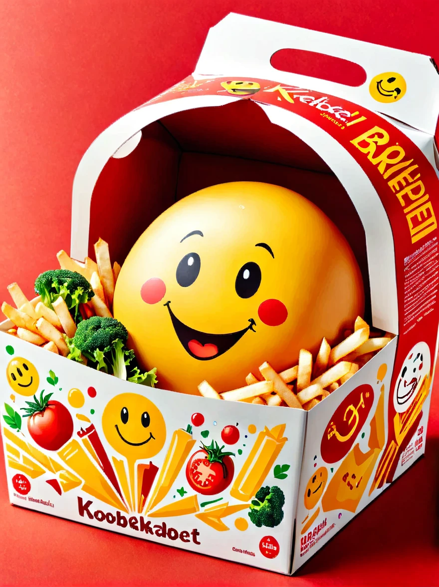 Generate an image of a -friendly food packaging box, similar in shape to a Happy Meal box. The words 'BoxKebab' should stand prominently on it. The box should be decorated in vivid red and yellow colors. Embellish it with small, playful images of a kebab, fries, and a salad. Also, incorporate cheerful smiley faces into the design to make it appealing to children.