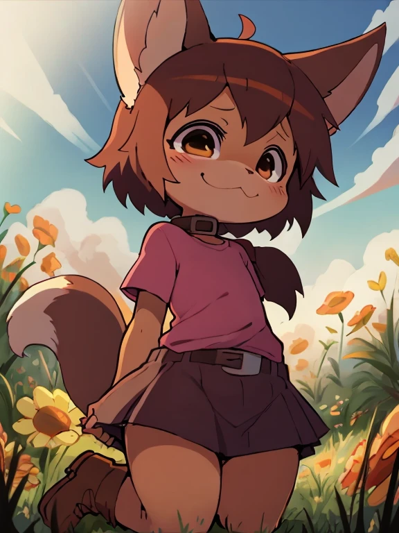 (solo), (close-up), [a two tailed, baby female,  humanoid fennec fox, vanilla fur, ahoge, brown hair in a long ponytail, flat chested, smaller height, small snout with cat whiskers], [wearing a brown collar, a long red skirt, ((pink shirt)), a belt with a pouch in her waist, brown boots], extremely happy, D:, >:3, in a grass field, surrounded by flowers, by dagasi, by diives, looking up 