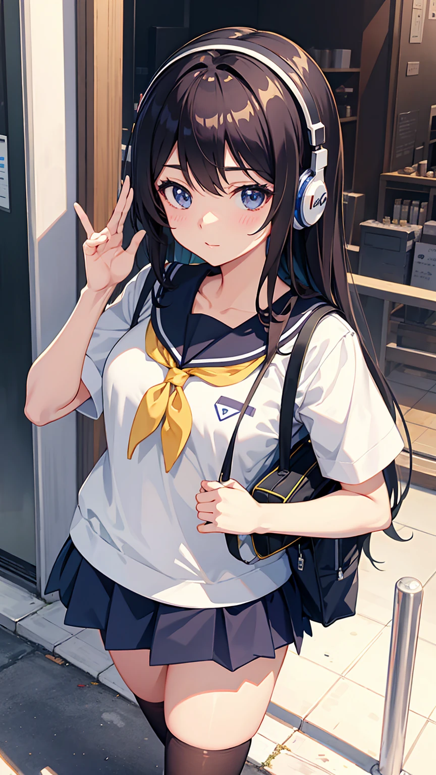 (Put on your headphones:1.0),道を歩いているAnime Girls, Beautiful anime school girl, Cute girl anime visuals, 長い髪のAnime Girls, Smooth anime CG art, 若いAnime Girls, 魅力的なAnime Girls, Anime Style 4k, Surreal , Anime Art Wallpapers 8K, City Girl Fan Art, Anime Girls, Digital anime illustration、uniform