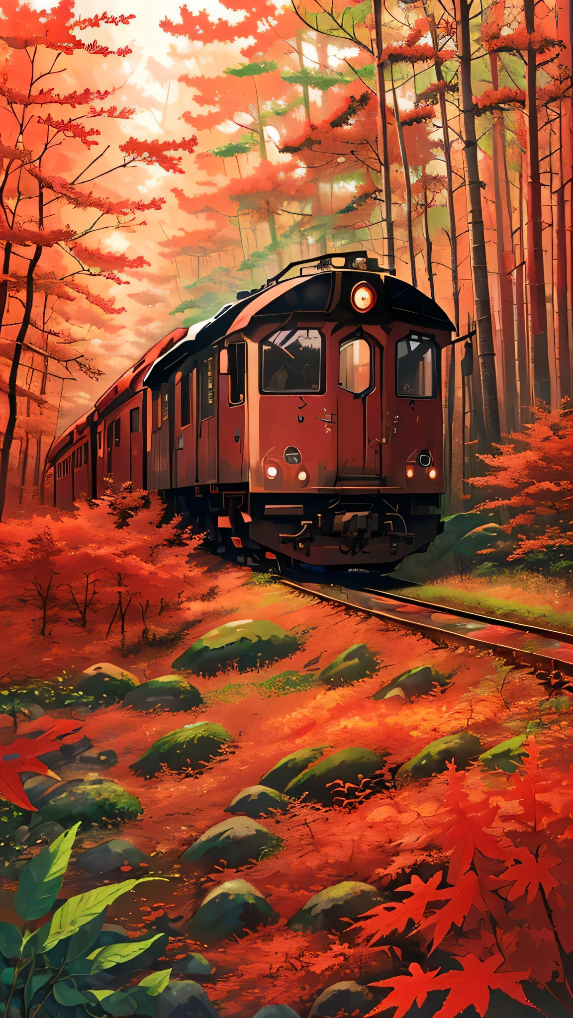 (Red coloured train approaching from the forest) (autumn forest) 