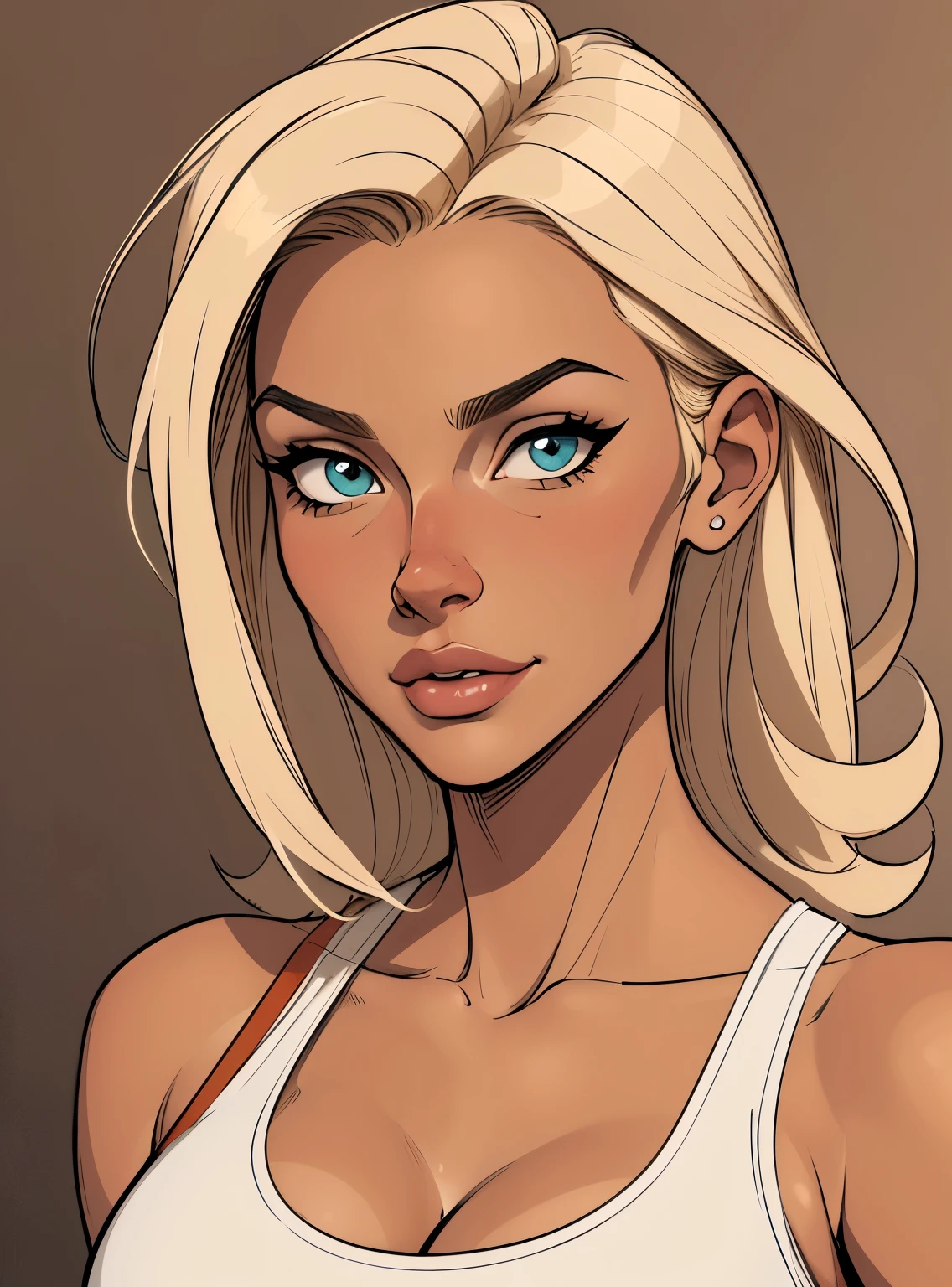 (cartoon style:1.2), Cartoon image of a Flat colors, close up, portrait of a 25 year old surfer looking girl, tan skin, beach blonde salty hair, natural beaty, beautiful, casual, see thru tank top, Cleavage, simply dark beige background 