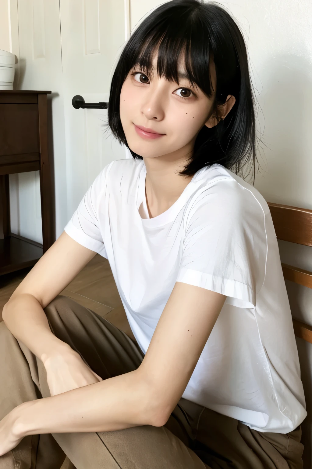 Black Hair、Long Hair、Bangs、Thin eyebrows、White skin、High nose、Japanese、tall、Model Body Type、White T-shirt、Inside the house、Living Style、Relaxation、adult、Sitting、neutral、Body sideways、The face is facing forward