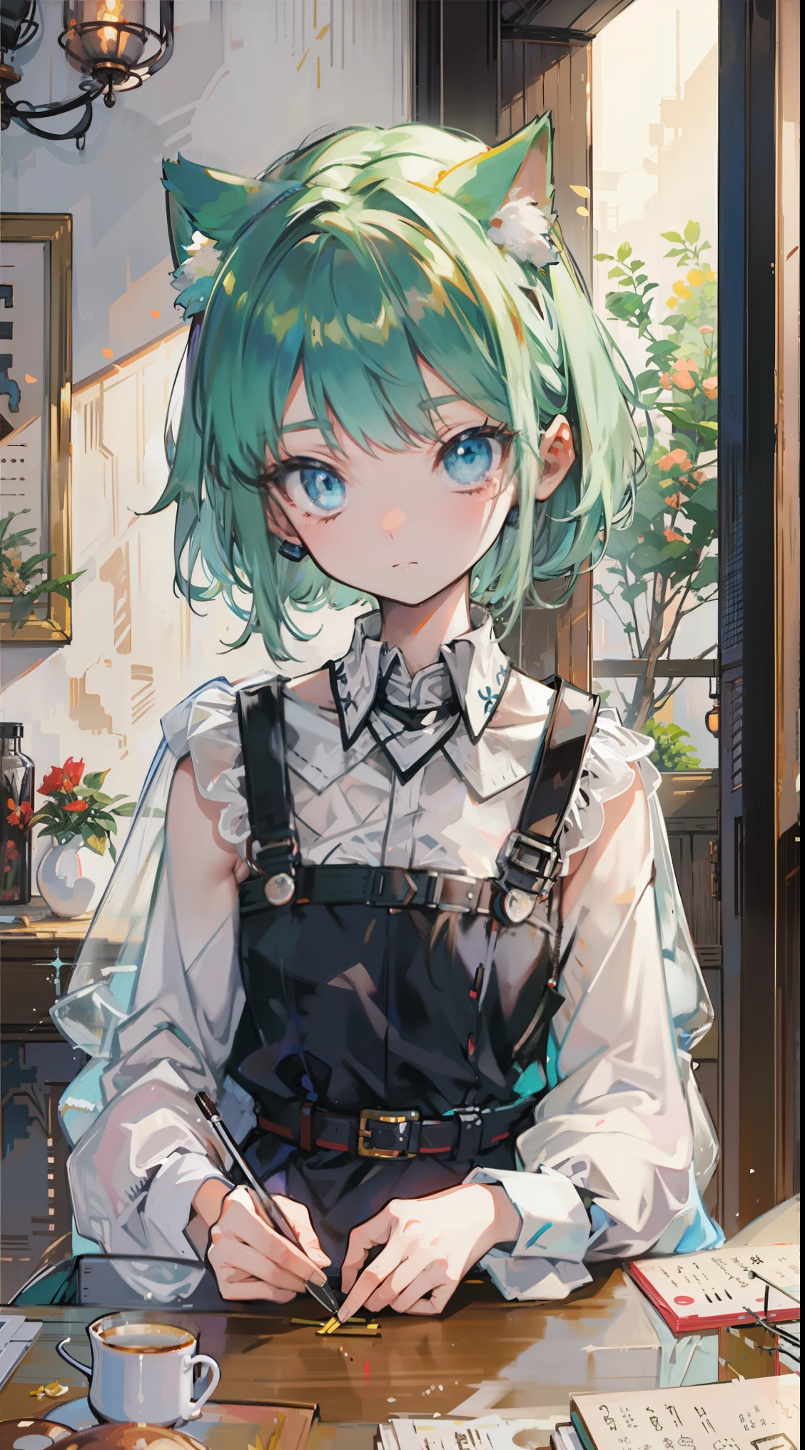 (Tabletop, highest quality: 1.1), Ghibli style, alone, , Weibo, Tinker's Wife (Tabletop), highest quality, Expressive eyes, Perfect Face, Small breasts, thin, ((Wearing a dress and playing the piano)),transparentガラスボトル本体, Glass Girl, transparent, Wavy green hair, Pink and blue eyes, Green leaves of hair, Eyes like shining jewels, Long eyelashes, transparent性, ((Wearing a dress and playing the piano)), (Red Jewel Autumn Costume)), whole body, Standing Pose Reaching Out, thin脚, Perfect hands, Five Fingers, Yun News (Hmph), no_human, ((Cat ear)), Forest land