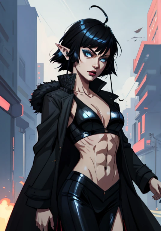 A closeup of a woman and some other poses, concept art, character content art,1girl, highres, sharp focus, pixiv masterpiece, ((intricate details)), highly detailed,highly detailed exquisite fanart, commission for high resolution, gothic makeup,snake eyes,snake eyes, blue eyes, pale skin, fair skin, short black hair, dark hair, short hair,  cyberpunk hair, muscular!,abdomen, pointy ear, vampire, costume: mercenary outfit, long coat, Underworld style clothing, neckline, revealing neckline, joy ride style, ilya kuvshinov,Anime Moe Artstyle, Female anime character, Anime character,