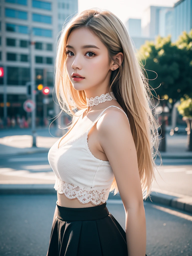 best qualtiy, masterpiece, (realistic:1.6), raw photograph, 1girl, portrait, white lace trim crop top and skirt, choker, view from side, deep shading, low tune, soft light, looking to the camera, sexy look, long blonde hair, outdoor, city street background, water park, rim light,