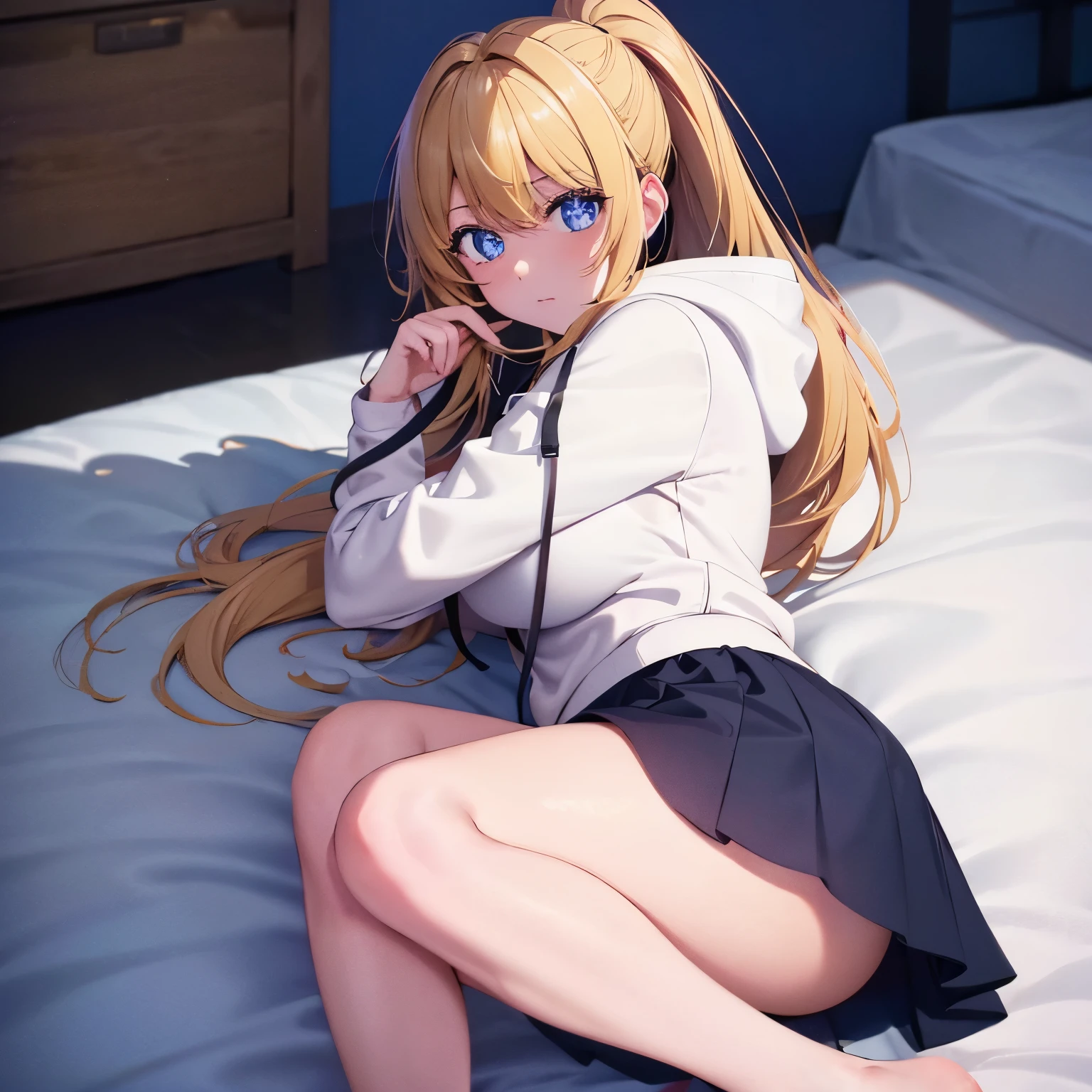 1woman,super beautiful,Sleep on your back, holding a sniper, aim at the viewer, knees bent,,,full body photo,Beautiful eyes, very detailed face,cute,HD face, perfect face, white hoodie,long hoodie,black mini skirt,Very big breasts,Blonde hair,long hair,ponytail,bangs,blue eyes,ultra detail,ultra Hd, masterpiece,4k